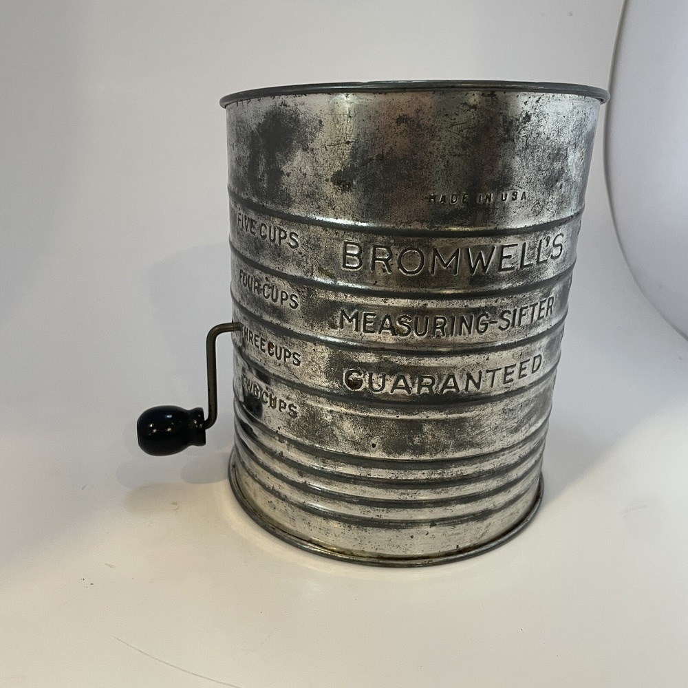 Bromwell's Measuring Sifter Metal Black Handle Crank 5 Cup Vintage USA Silver